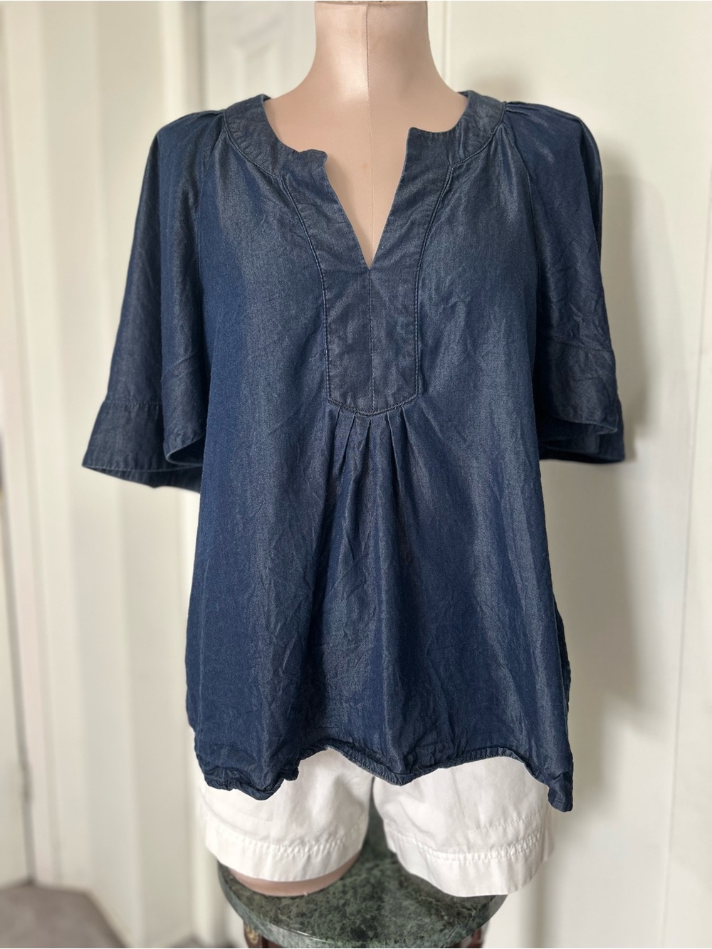 CeCe glossy denim Navy Split V Top blouse